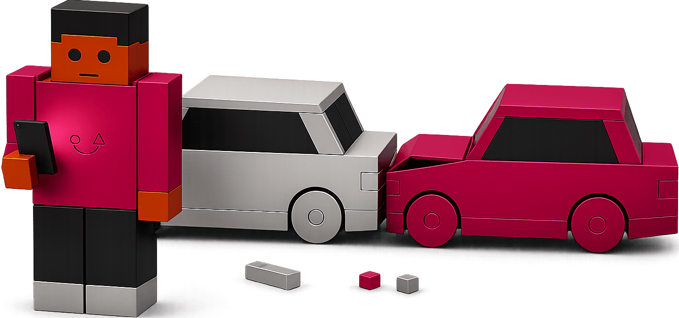 Block-style person standing near two cars after an accident